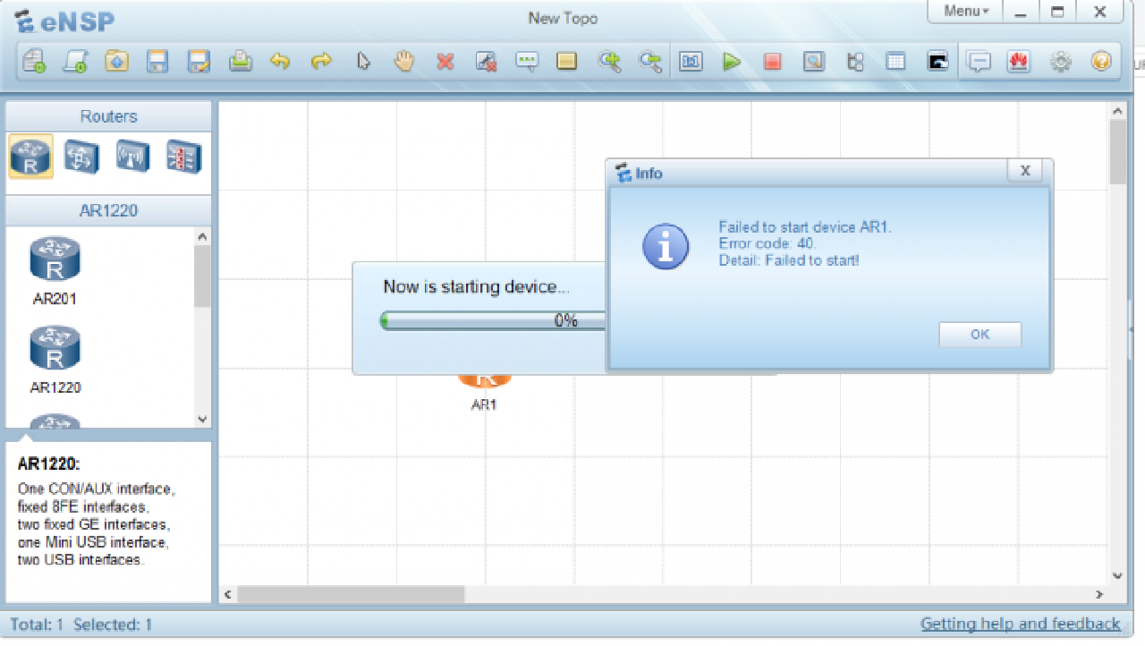 Failed to start Device AR1