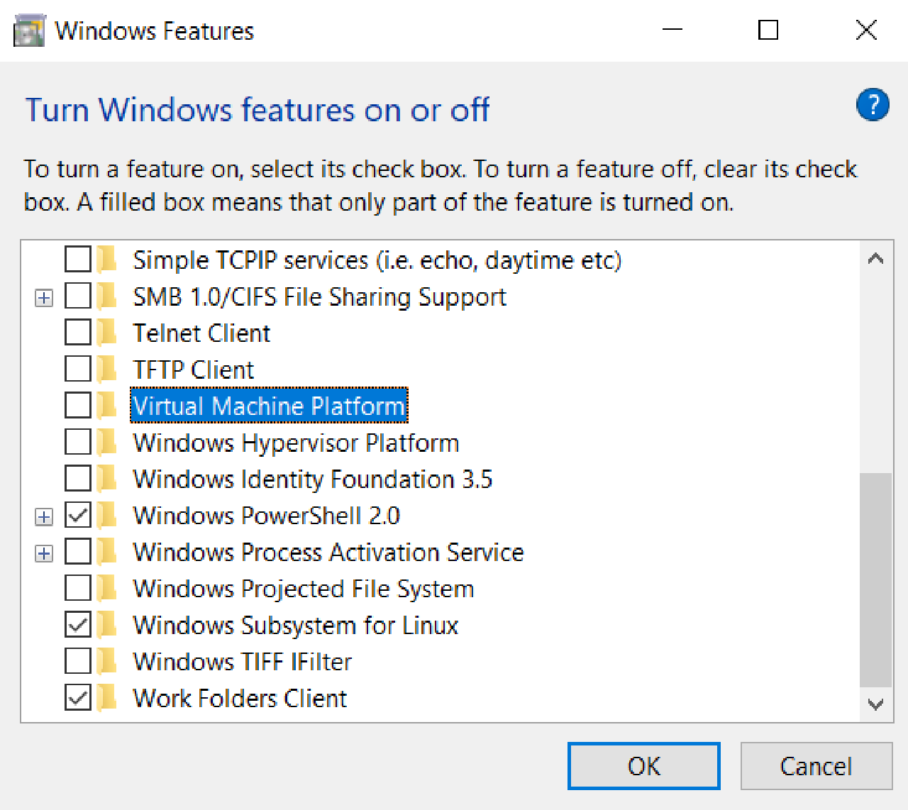 Disable Virtual Machine Platform on Control Panel