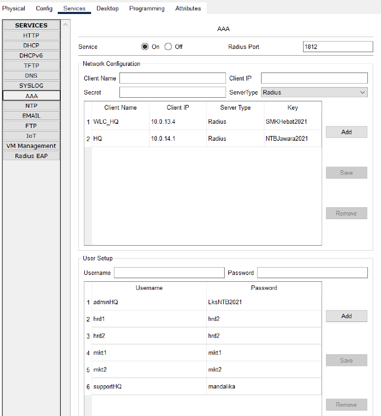 Enable AAA Service HQ Mataram Server