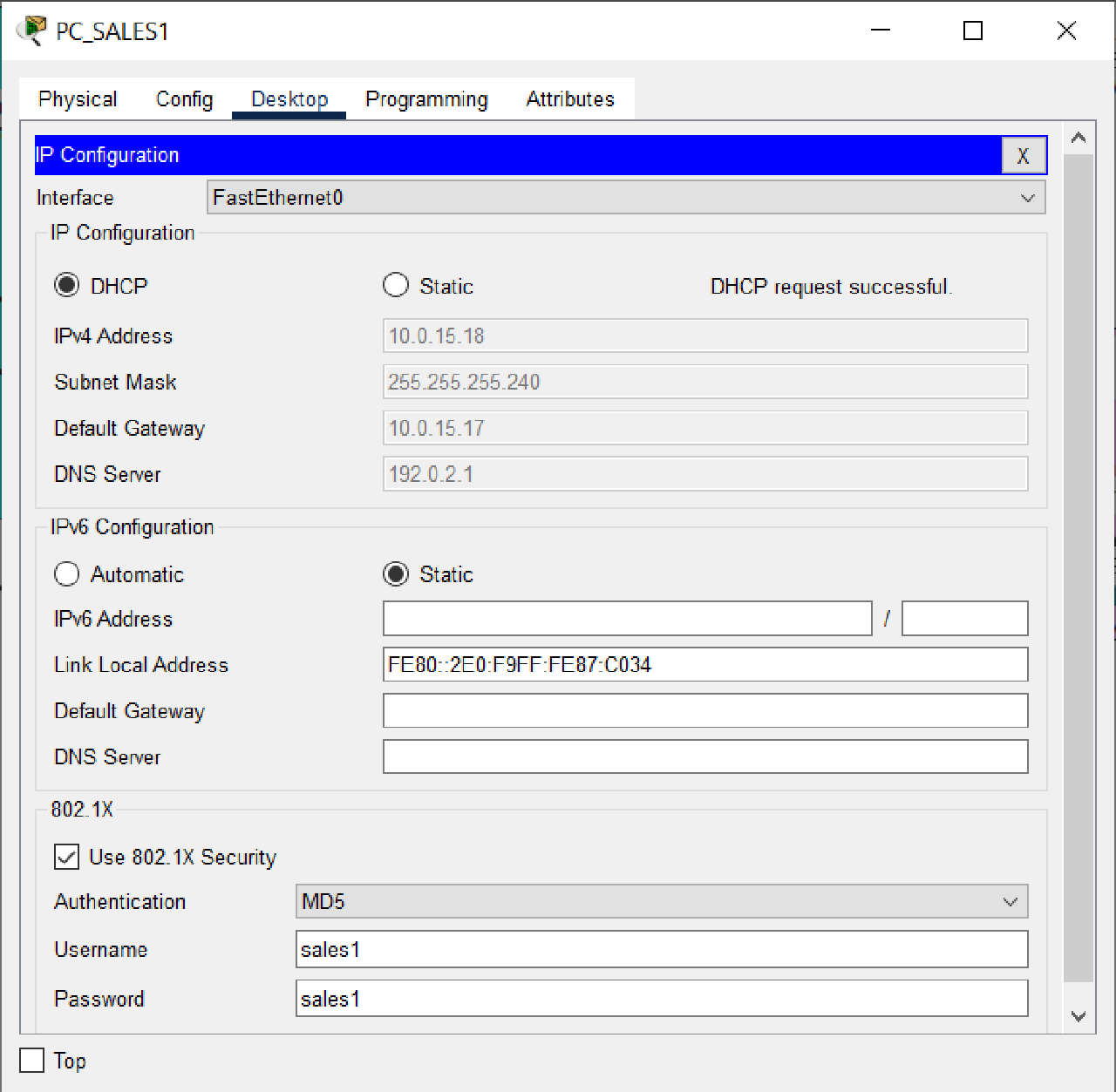 DHCP PC SALES1 using 802.1x auth