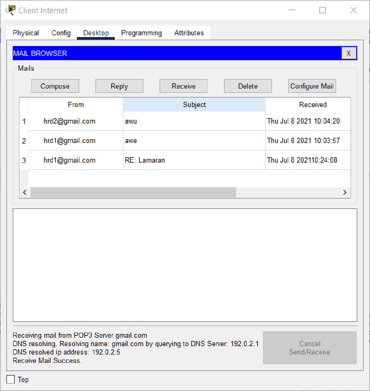 PC Client internet successfully received email from LAPTOP1 and LAPTOP2
