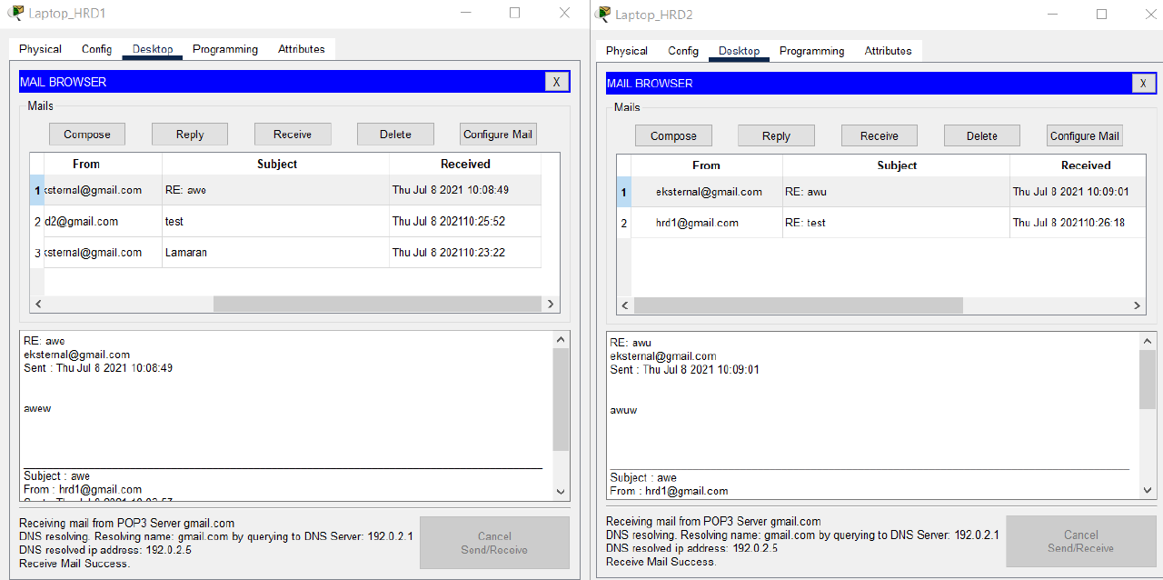 LAPTOP HRD1 and LAPTOP HRD2 succesfuly reply email from PC Client Internet