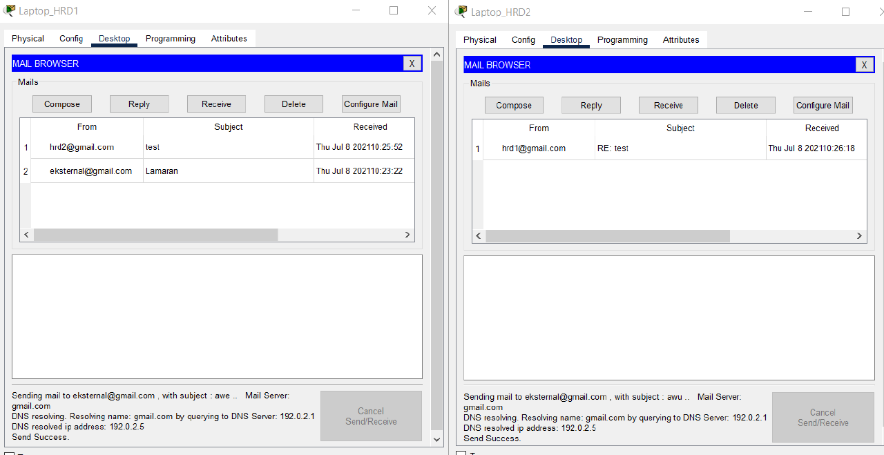 LAPTOP HRD1 and LAPTOP HRD2 send email to external@gmail.com