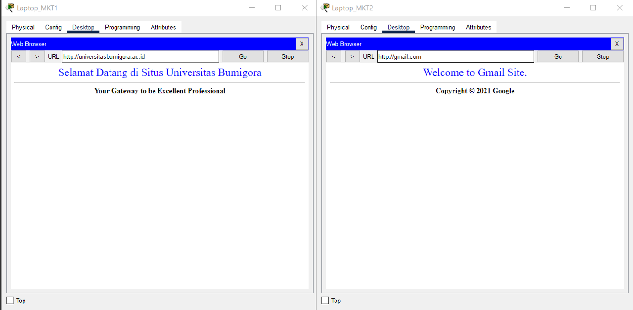 LAPTOP MKT1 and LAPTOP MKT2 successfuly access gmail.com and universitasbumigora.ac.id