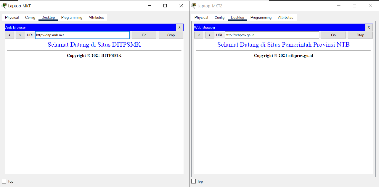 LAPTOP MKT1 and LAPTOP MKT2 successfuly access ntbprov.go.id and ditpsmk.net