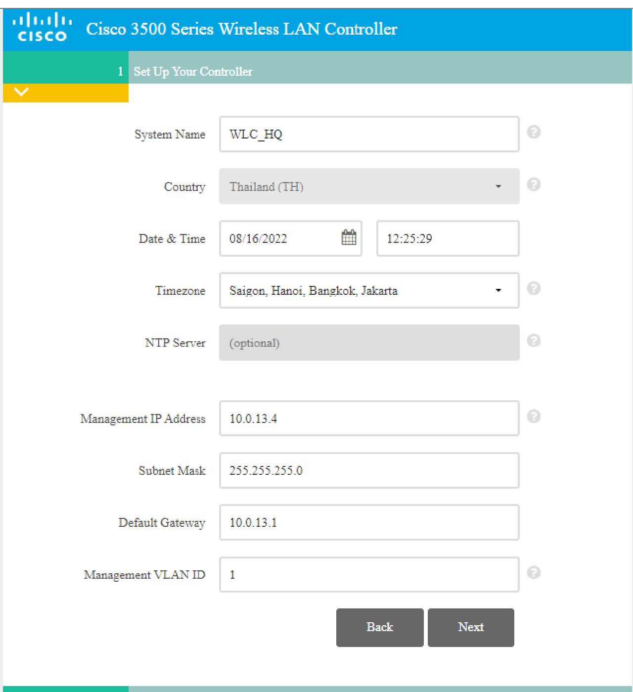 Controller Setup for WLC HQ
