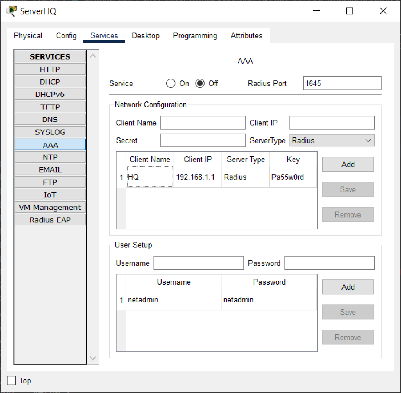 Radius Server before turn on Service for AAA